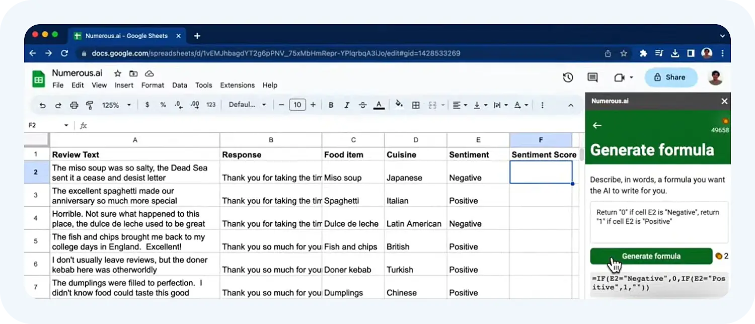 Интерфейс Numerous.ai — нейросети для работы с Excel.