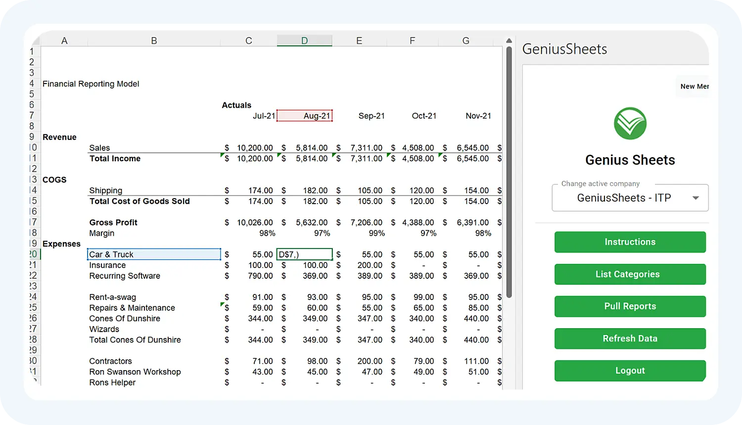 Финансовый отчет в GeniusSheets — нейросети для Excel.