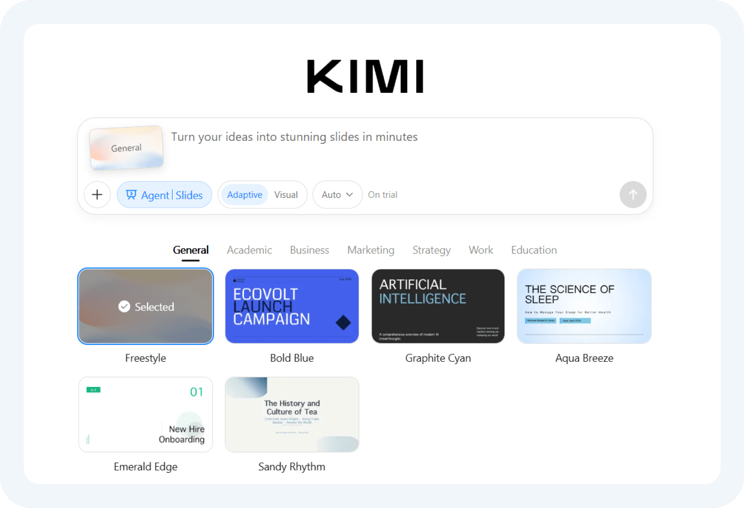 Выбор стиля Adaptive в нейросети для презентаций Kimi Slides