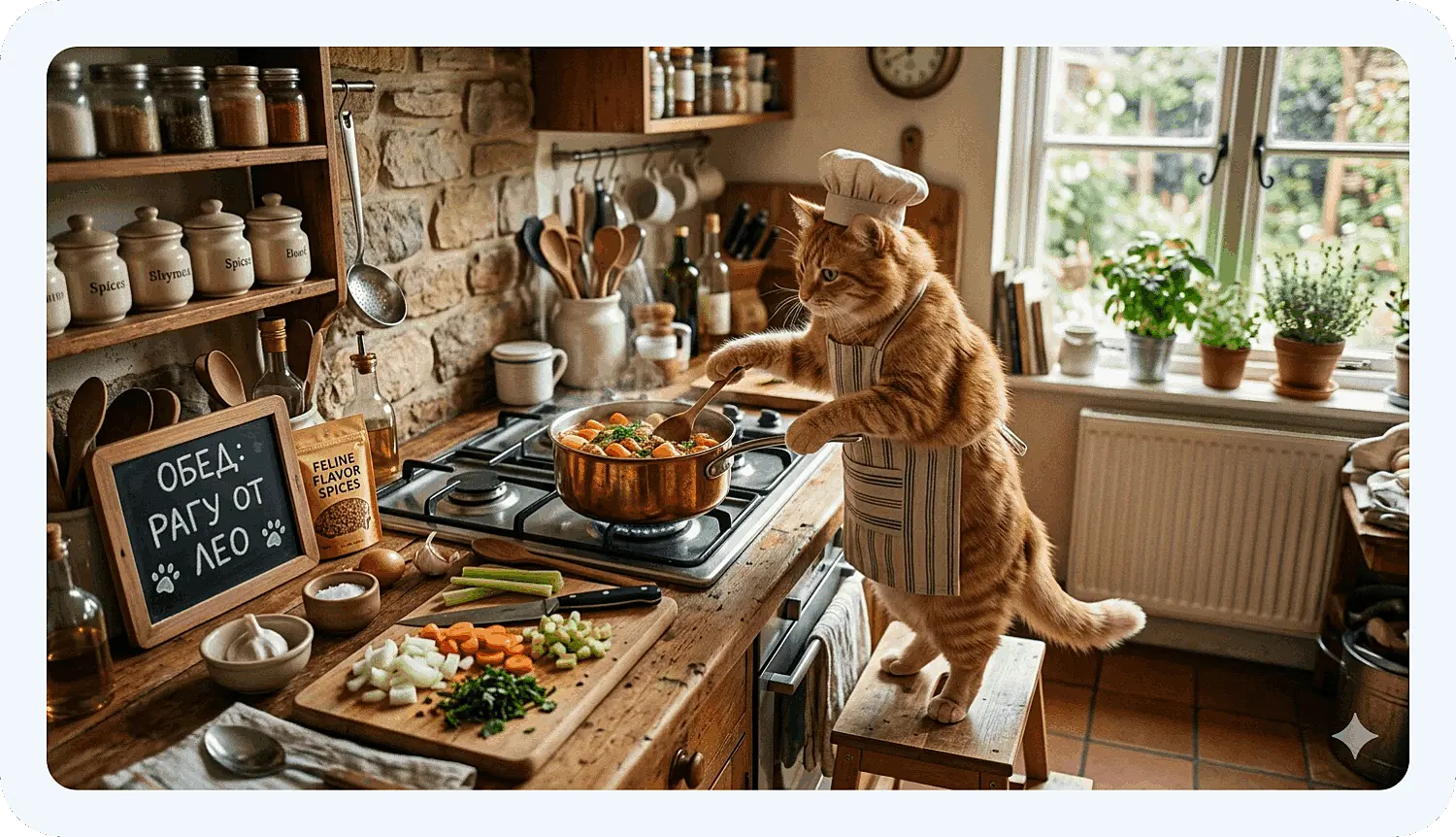 Пример нейрослоп-картинки с котом, который готовит рагу
