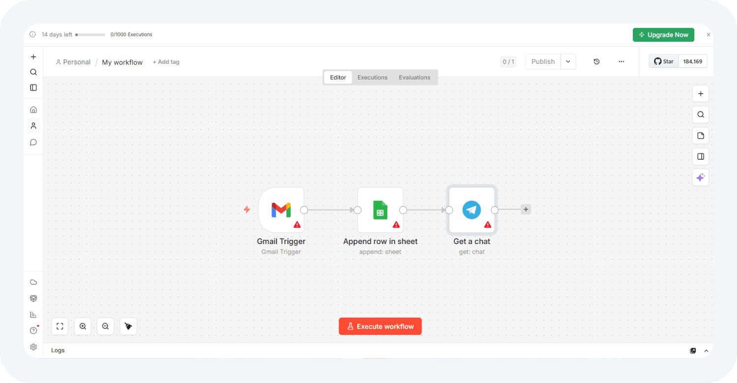 Кнопка Execute workflow в сервисе n8n