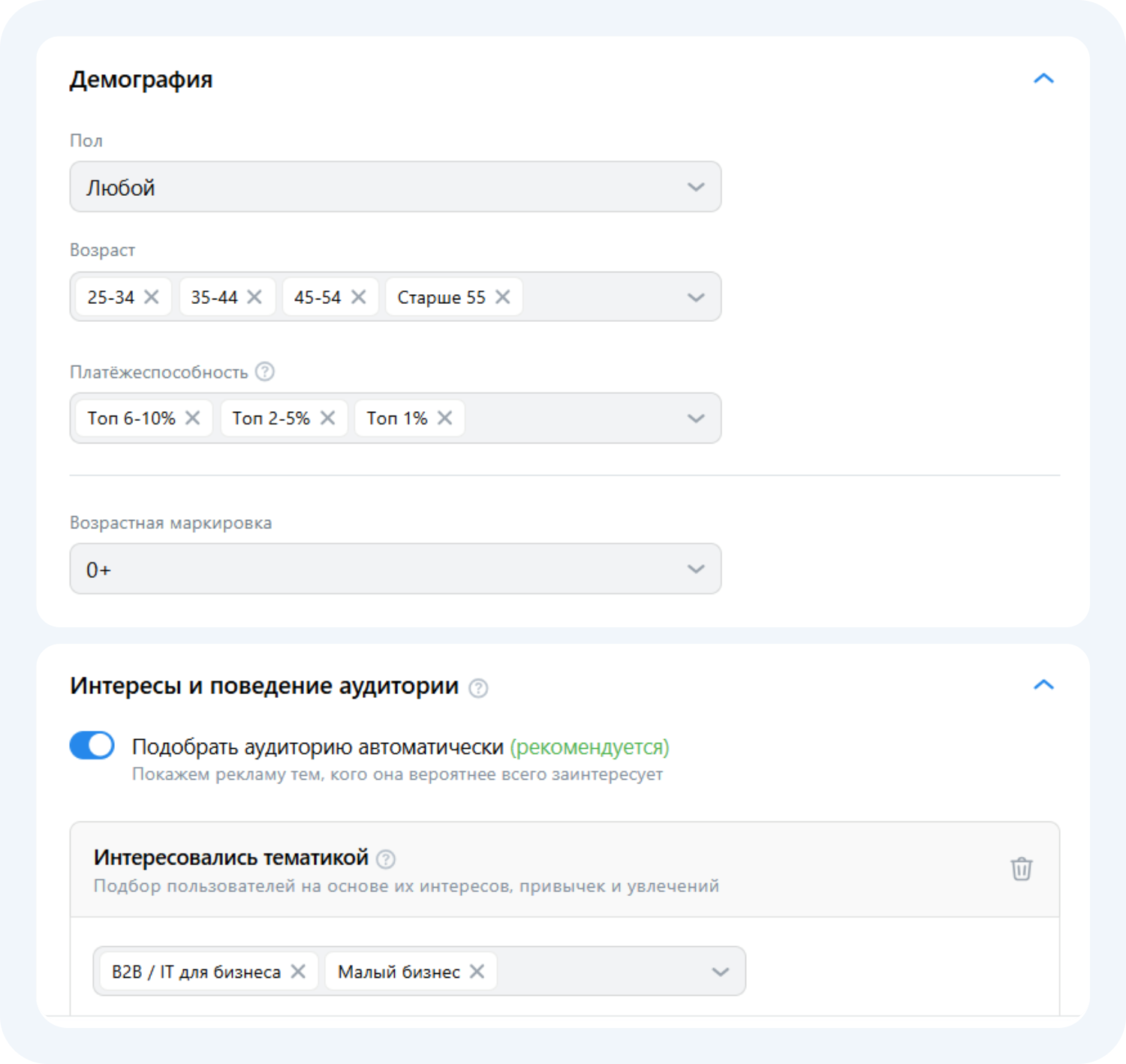 Процесс выбора демографии и интересов пользователей для рекламы канала в MAX